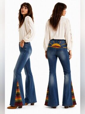 BESTTO EMBROIDERED SUN FLARE JEANS BOHO RETRO DENIM SZ M